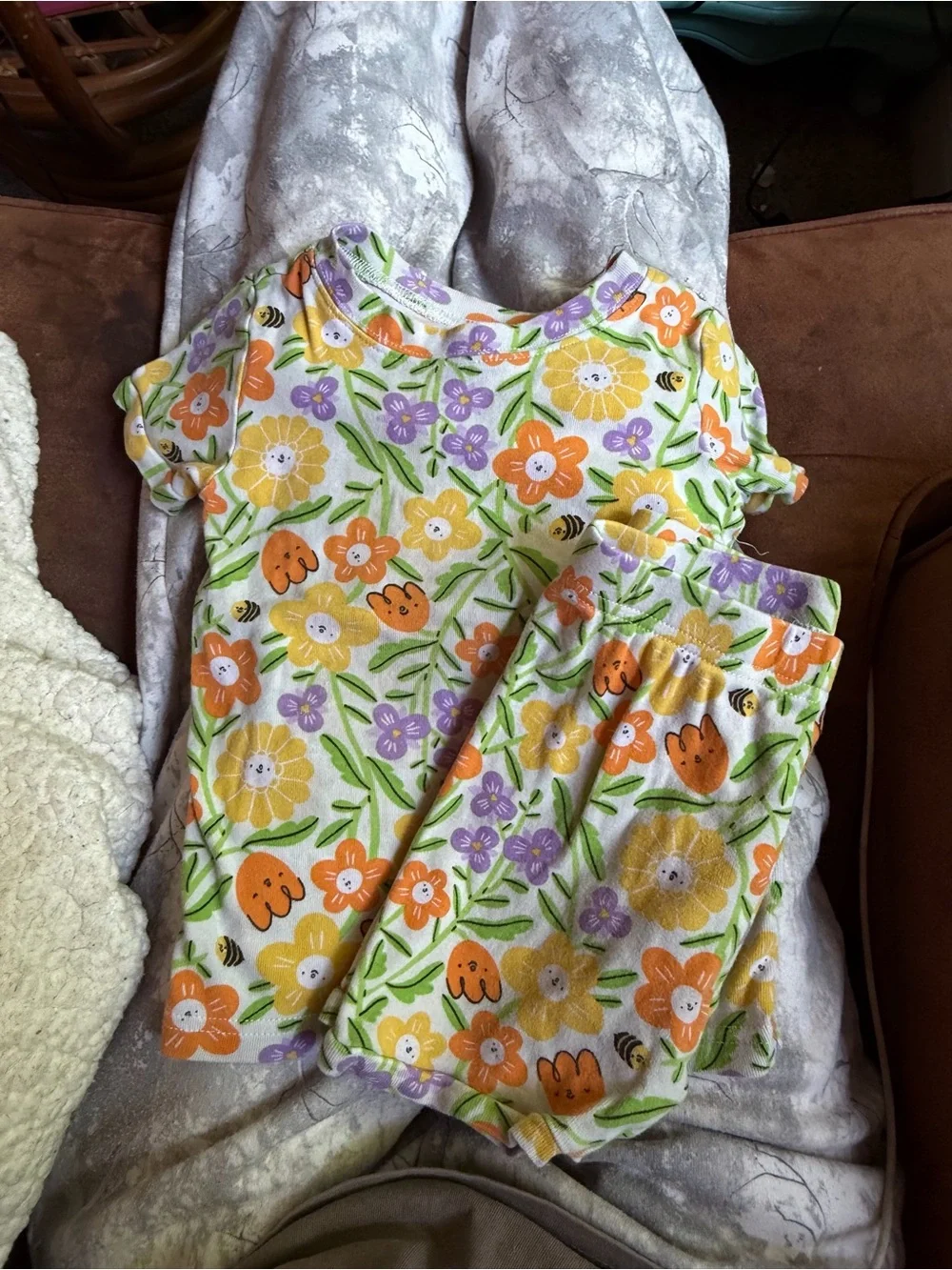 Old Navy Girls Floral Pajama Set - White with Yellow Orange Purple Flowers